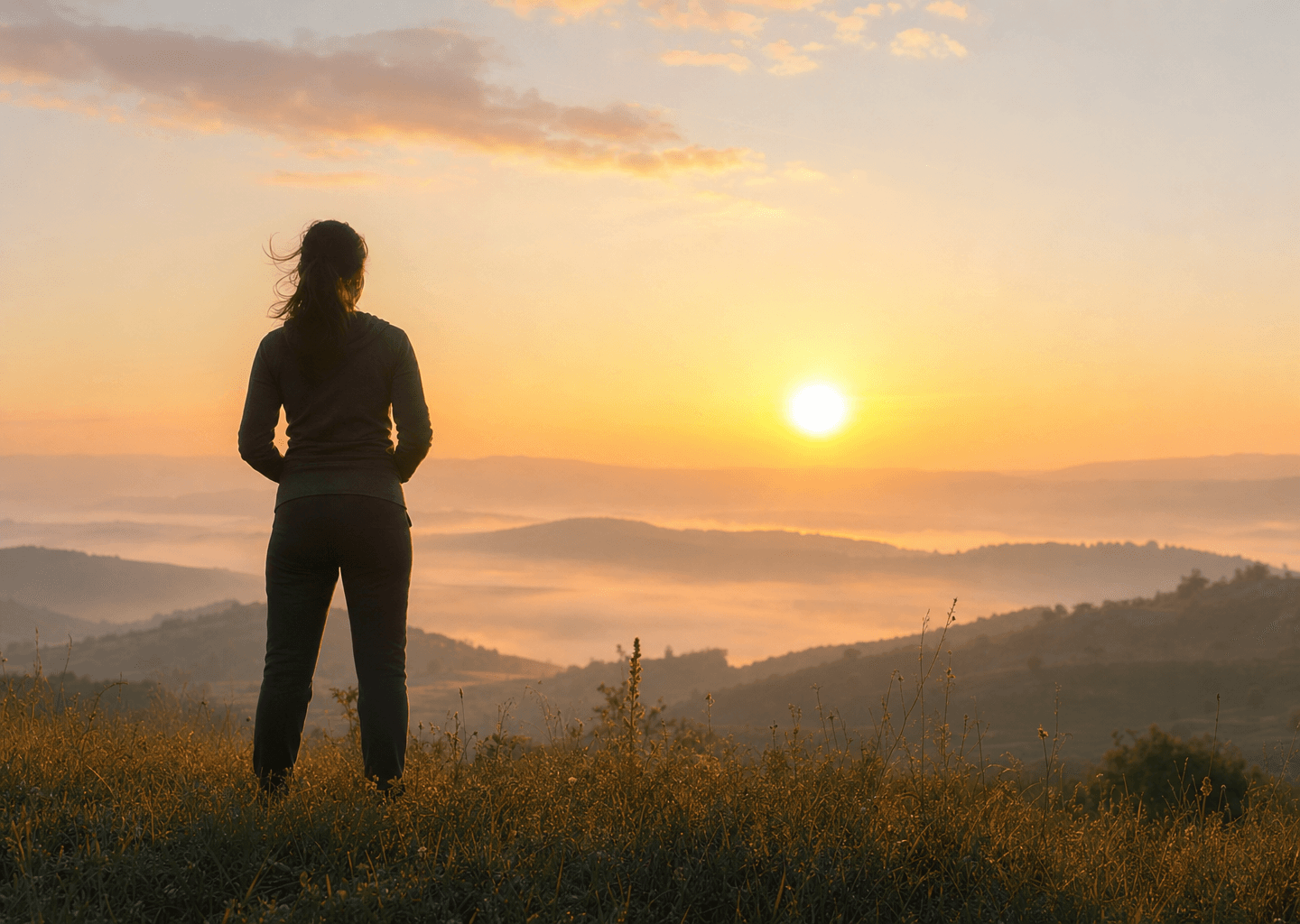 Silhouette de dos face à un lever de soleil sur une colline, posture ouverte et ancrée évoquant la confiance en soi