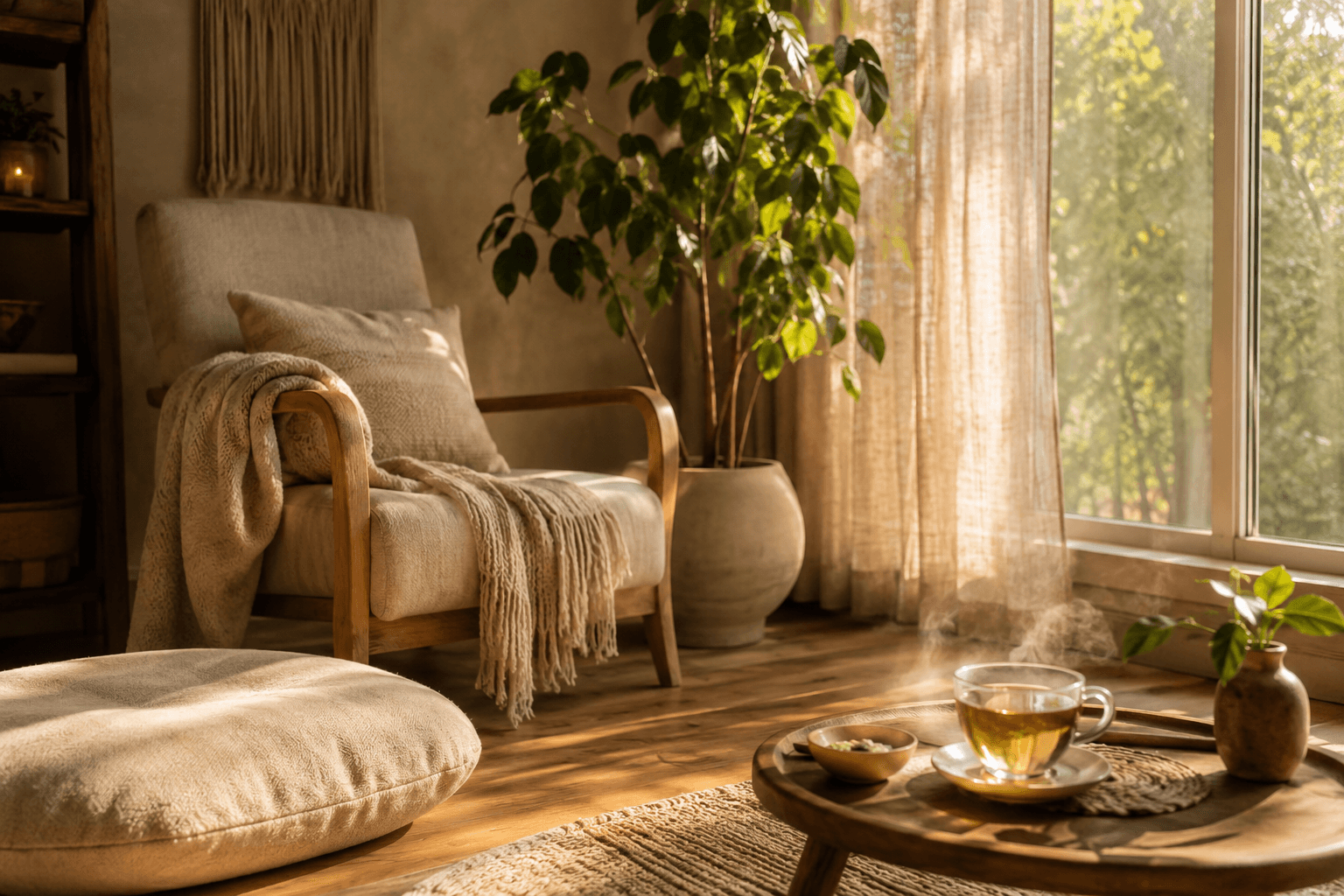 Coin détente lumineux et chaleureux avec fauteuil, plaid et tasse de tisane près d'une fenêtre, évoquant le calme de la sophrologie