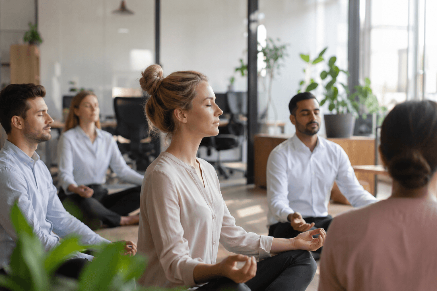 Collaborateurs en séance de sophrologie et de détente dans un bureau lumineux et apaisant