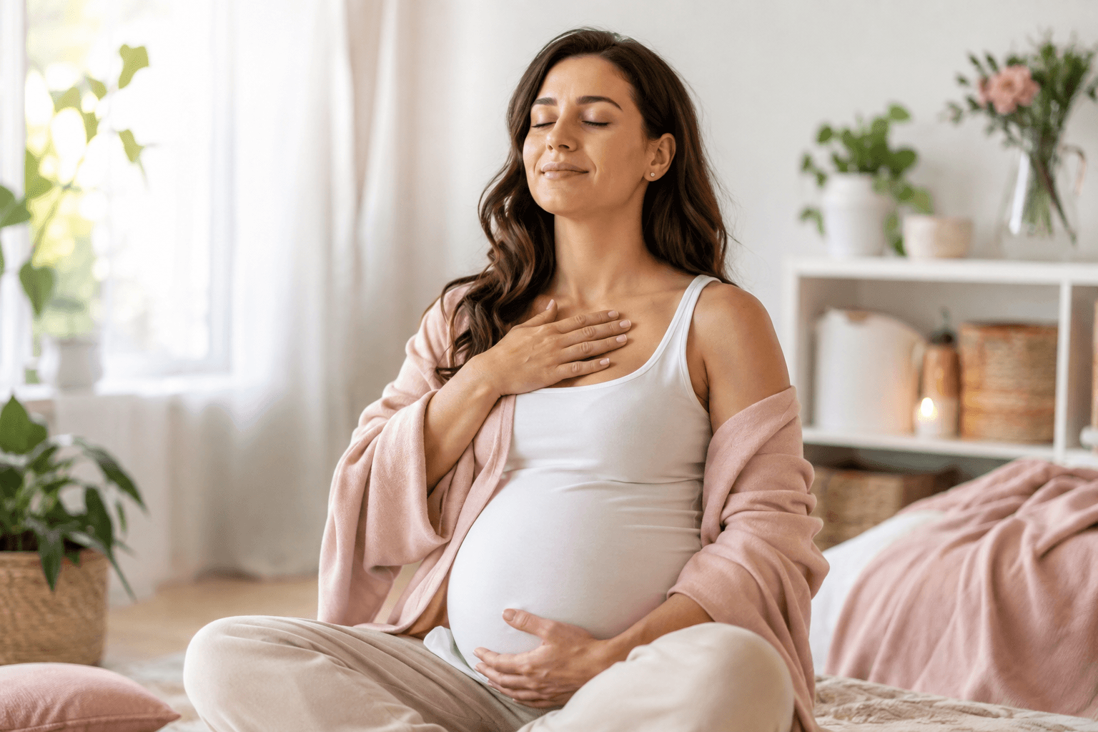 Femme enceinte sereine pratiquant la respiration et la relaxation, une main sur son ventre, dans une ambiance douce et lumineuse