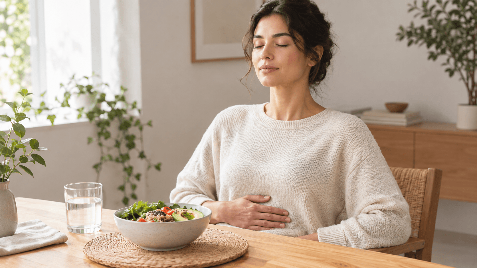 Adulte détendu pratiquant la sophrologie, une main sur le ventre, respirant près d'un bol de nourriture fraîche