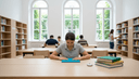 Une étudiante de dos, paumes posées sur un classeur fermé, marque une pause en bibliothèque