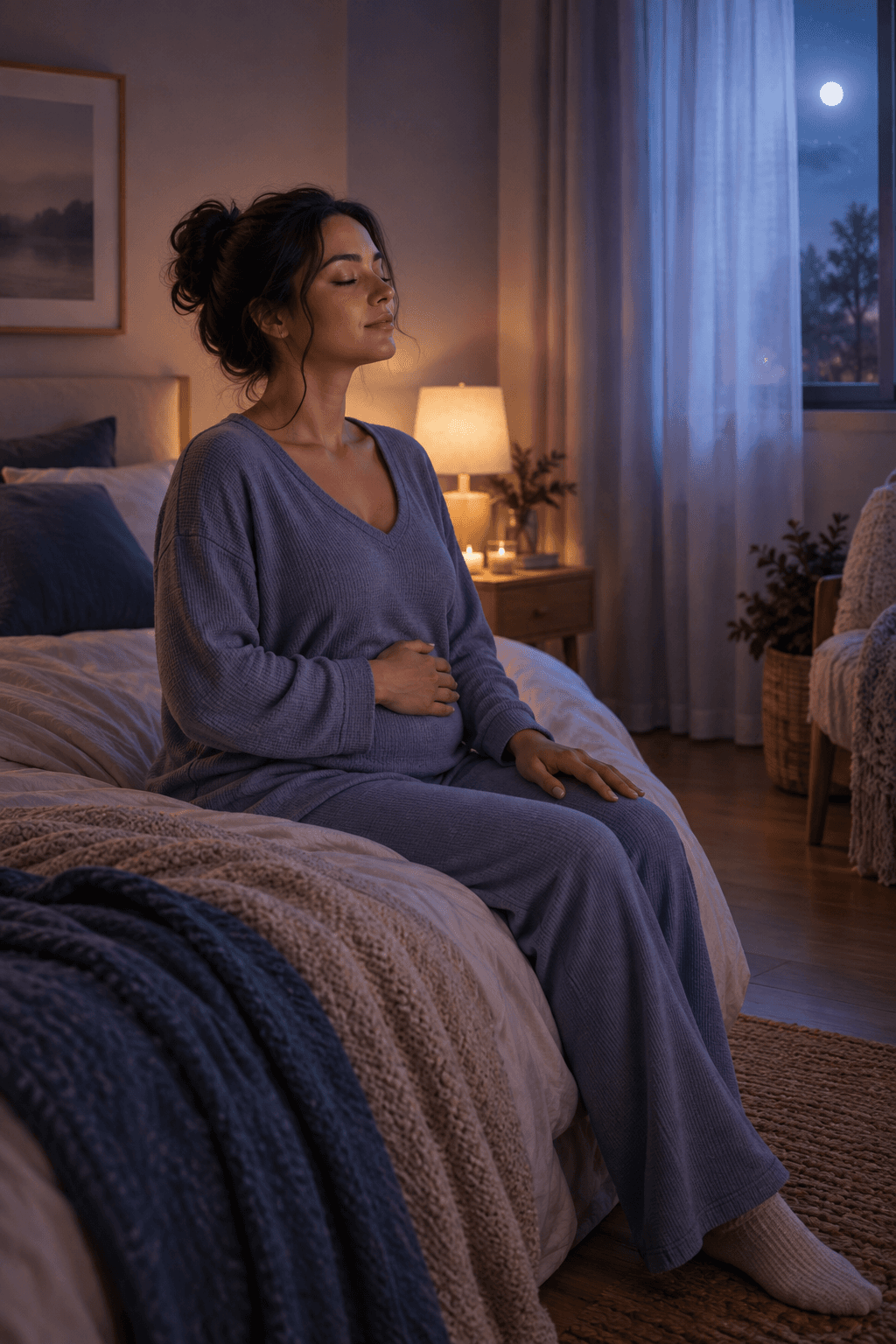 Adulte serein assis au bord du lit, yeux fermés, pratiquant une respiration de sophrologie apaisante avant de dormir