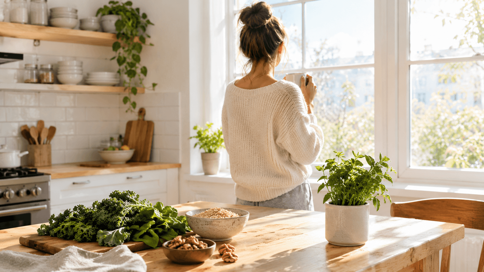Femme de dos près d'une fenêtre ensoleillée dans une cuisine claire, table en bois avec légumes verts, céréales et noix.