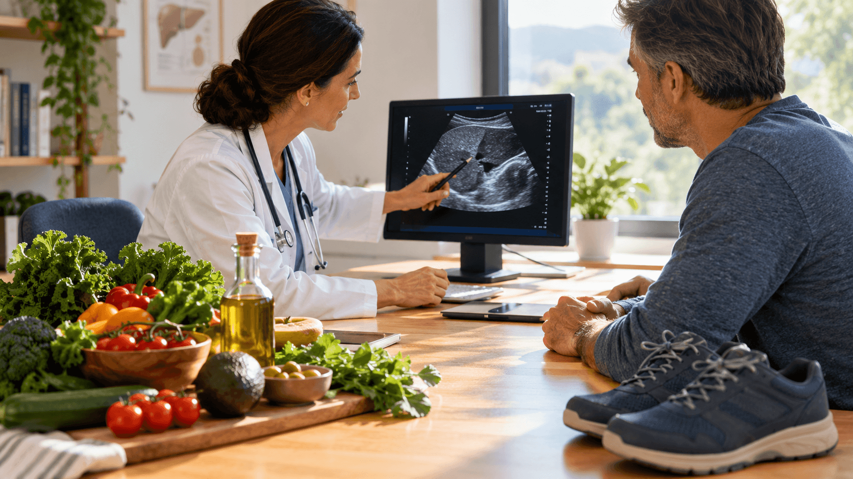 Un médecin montre une échographie du foie à un patient, avec légumes méditerranéens et chaussures de marche à côté
