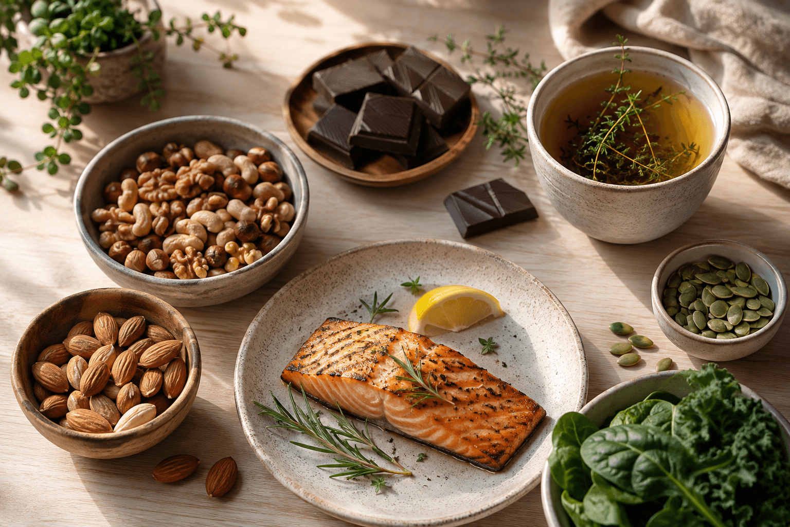 Aliments apaisants anti-stress : oléagineux, poisson gras, chocolat noir et tisane sur une table sereine