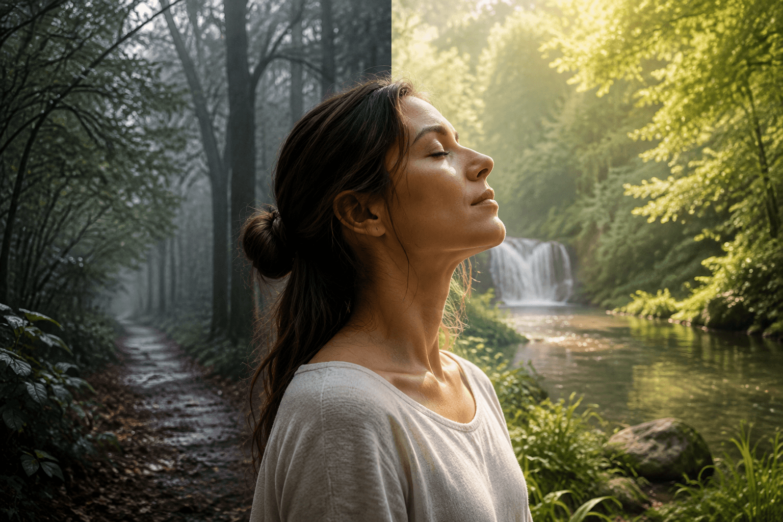 Illustration apaisante évoquant le contraste entre tension et détente, respiration et nature ressourçante pour la gestion du stress