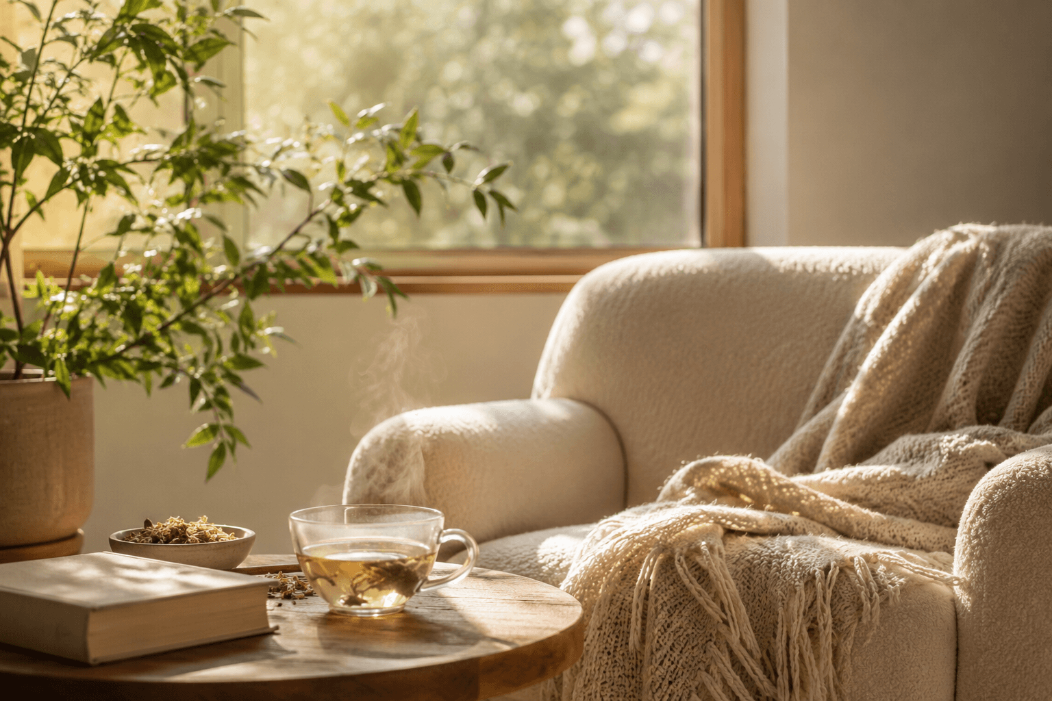 Intérieur chaleureux et lumineux avec un fauteuil confortable et une tisane fumante, évoquant le calme et la respiration apaisée.