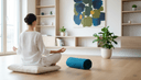 Femme de dos assise en tailleur sur un coussin, mains ouvertes sur les genoux en respiration