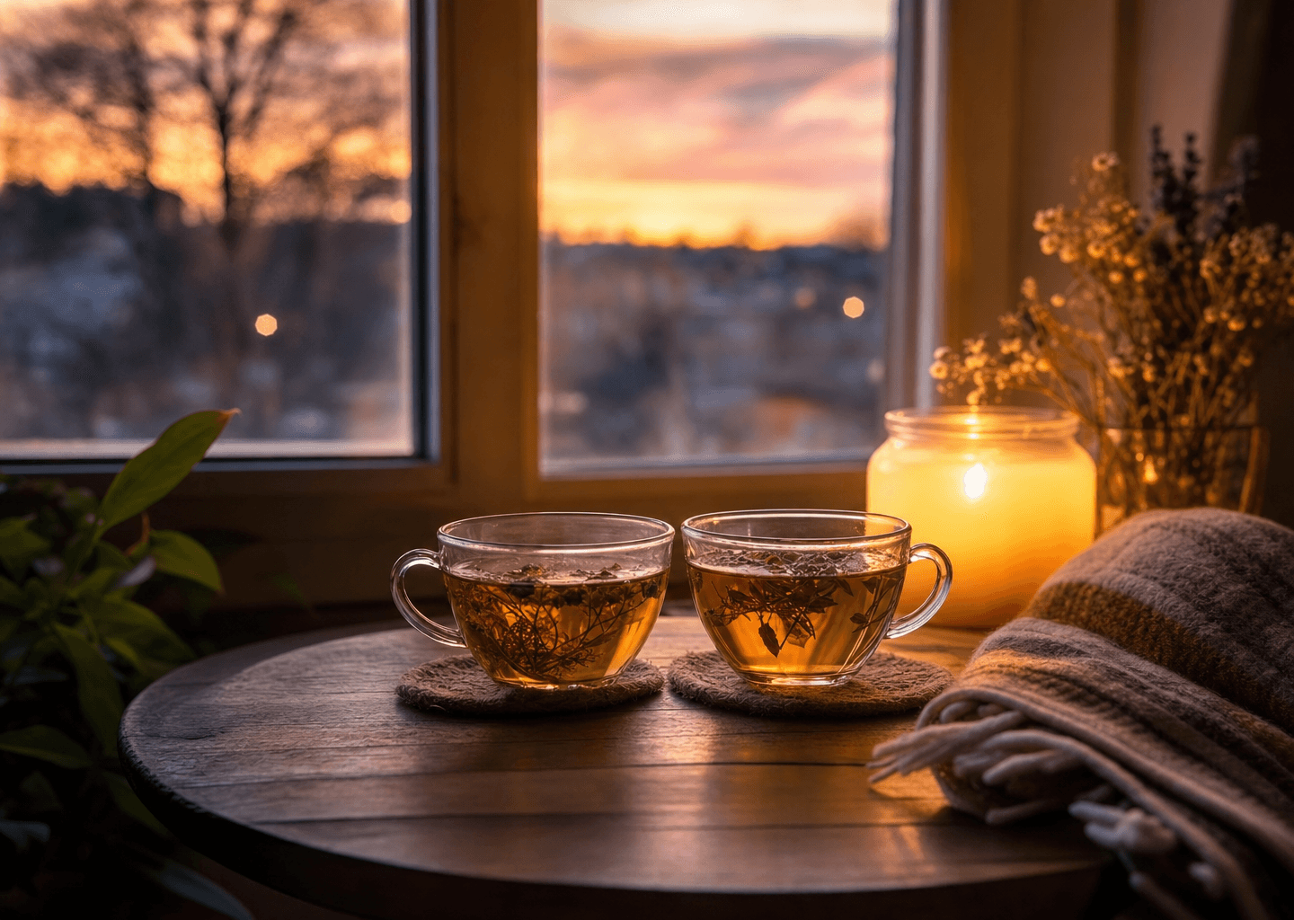 Deux tasses de thé côte à côte près d'une fenêtre au crépuscule, plaid et bougie, ambiance tendre et apaisée évoquant l'intimité et la détente