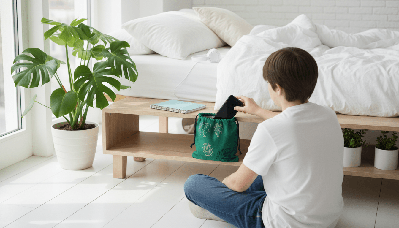 Un adolescent vu de dos range son téléphone dans une pochette en tissu, carnet posé sur le lit