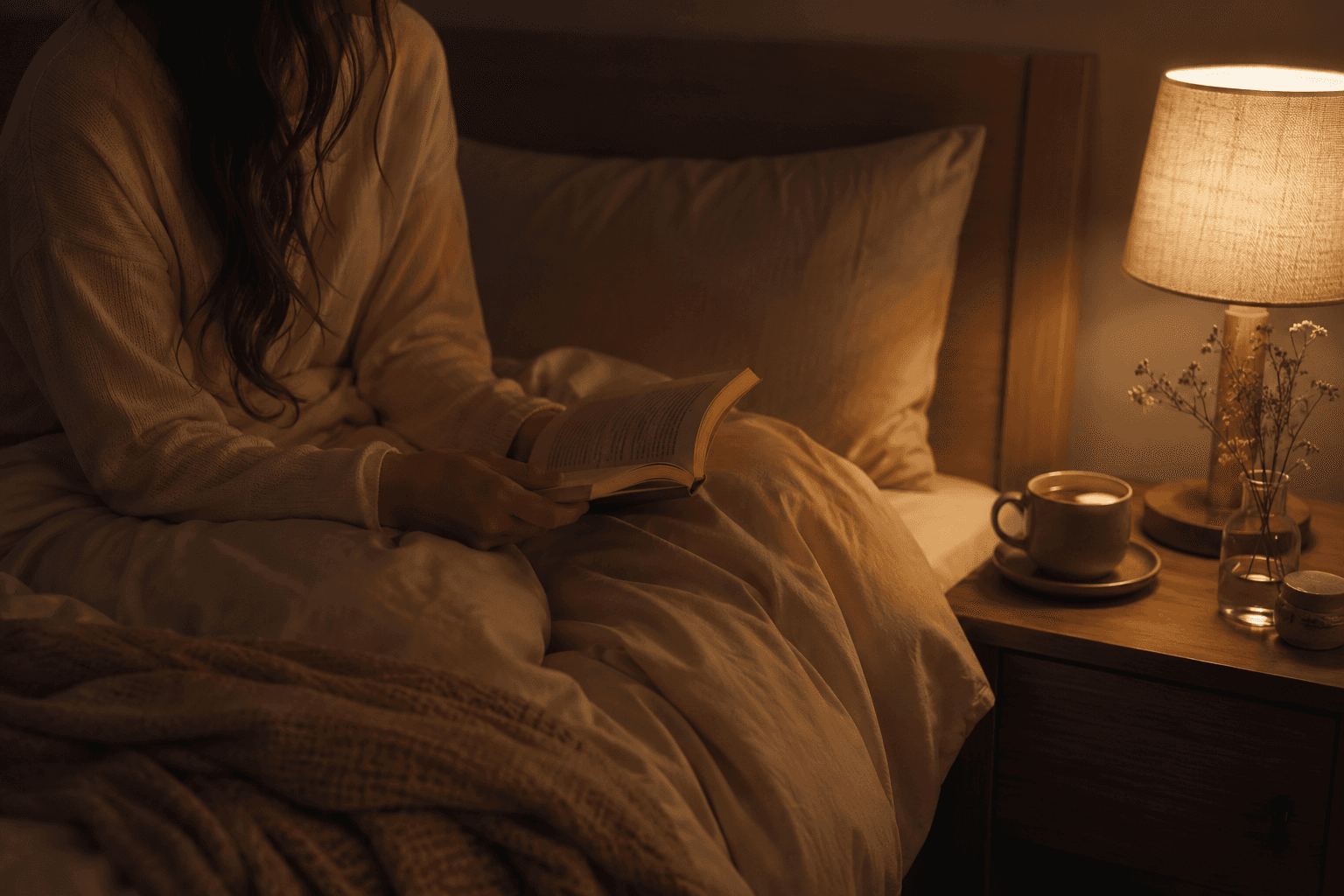 Chambre chaleureuse et apaisante la nuit, ambiance propice à la détente avant le sommeil