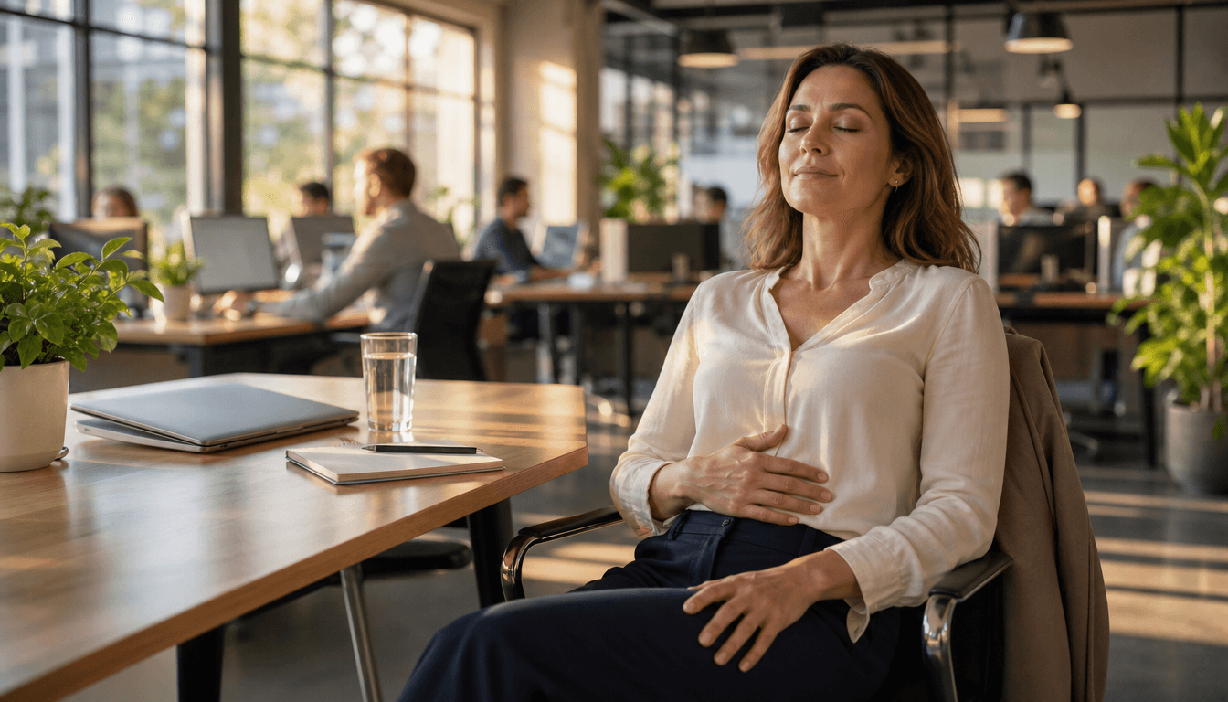 Femme assise à son bureau dans un open space lumineux, yeux fermés et épaules relâchées, en pause d'autohypnose