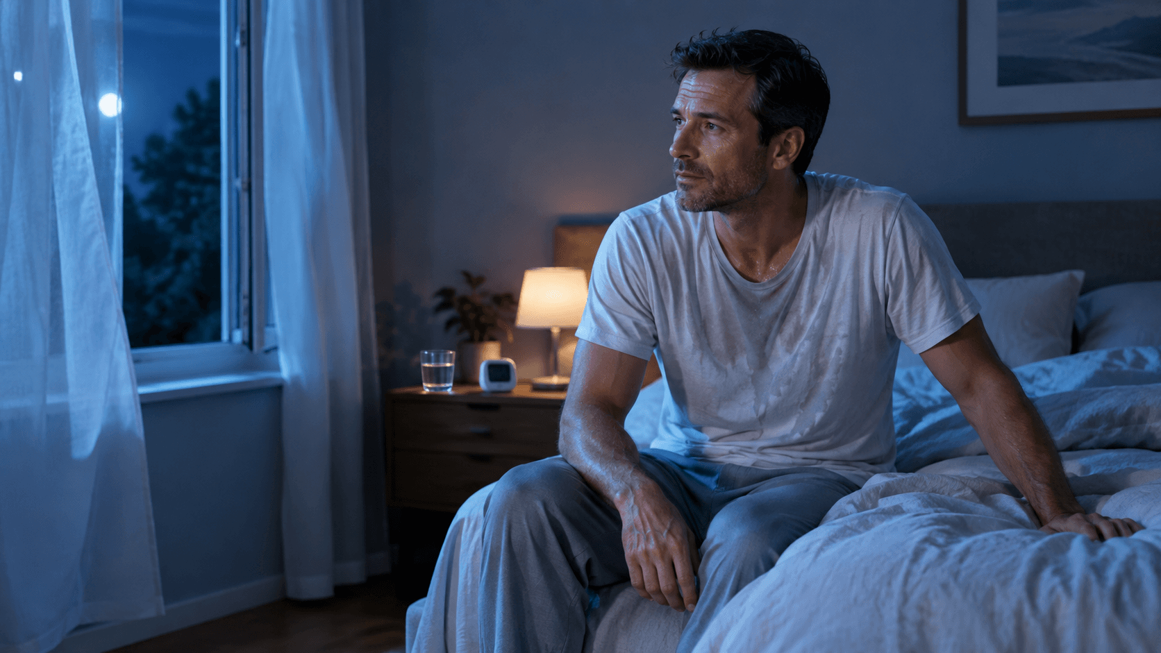 Homme assis au bord du lit la nuit dans une chambre bleutée, le front légèrement moite après des sueurs nocturnes