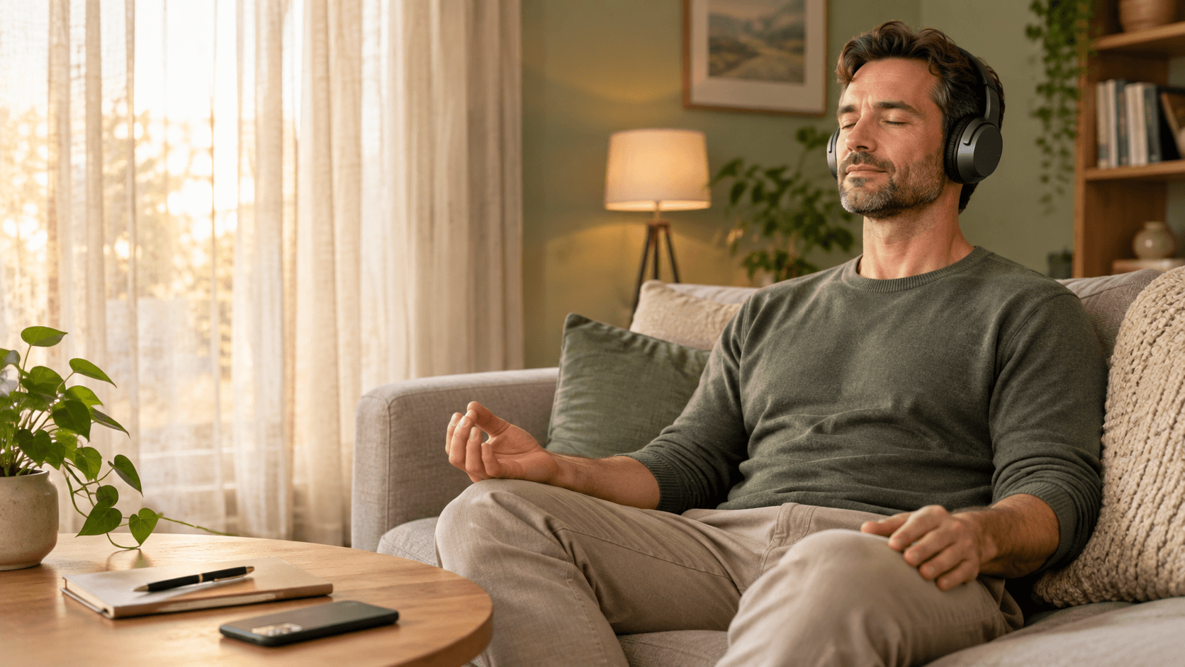 Homme sur un canapé, yeux fermés avec un casque audio, joignant pouce et index pour pratiquer l’auto-hypnose chez lui