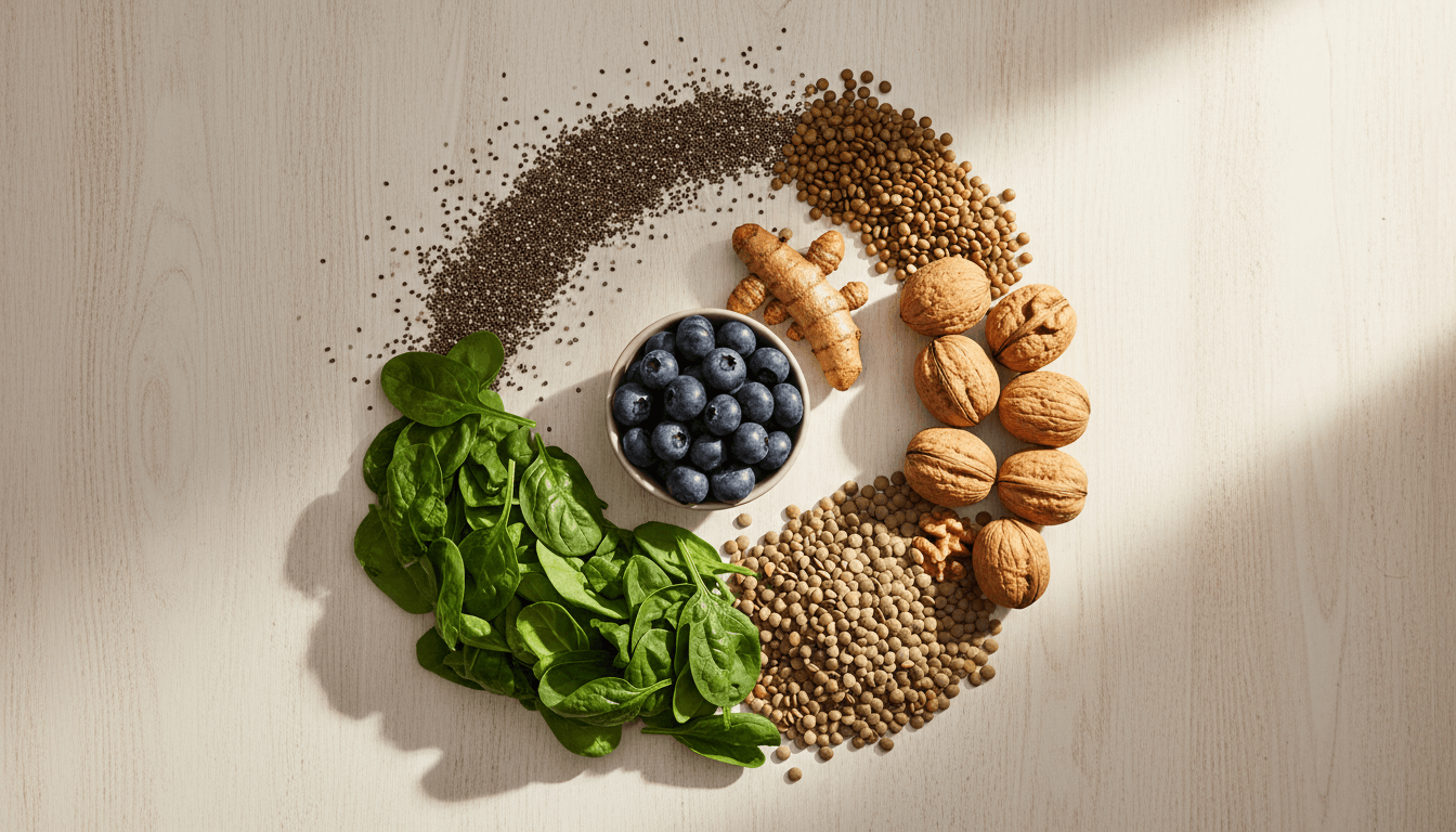 Vue aérienne d'aliments frais et colorés riches en nutriments : myrtilles, curcuma, graines de chia, épinards, noix et lentilles sur une table en bois