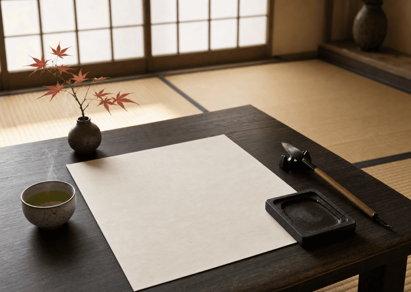 Espace de calligraphie japonaise zen avec pinceau, encrier et papier washi, évoquant la tradition des symboles du Reiki
