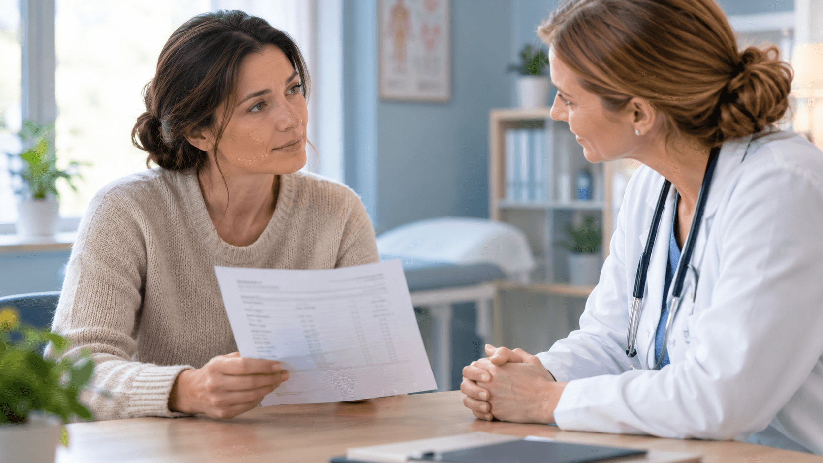 Patiente tenant ses résultats d'examens normaux, écoutée avec attention par un médecin dans un cabinet clair et rassurant
