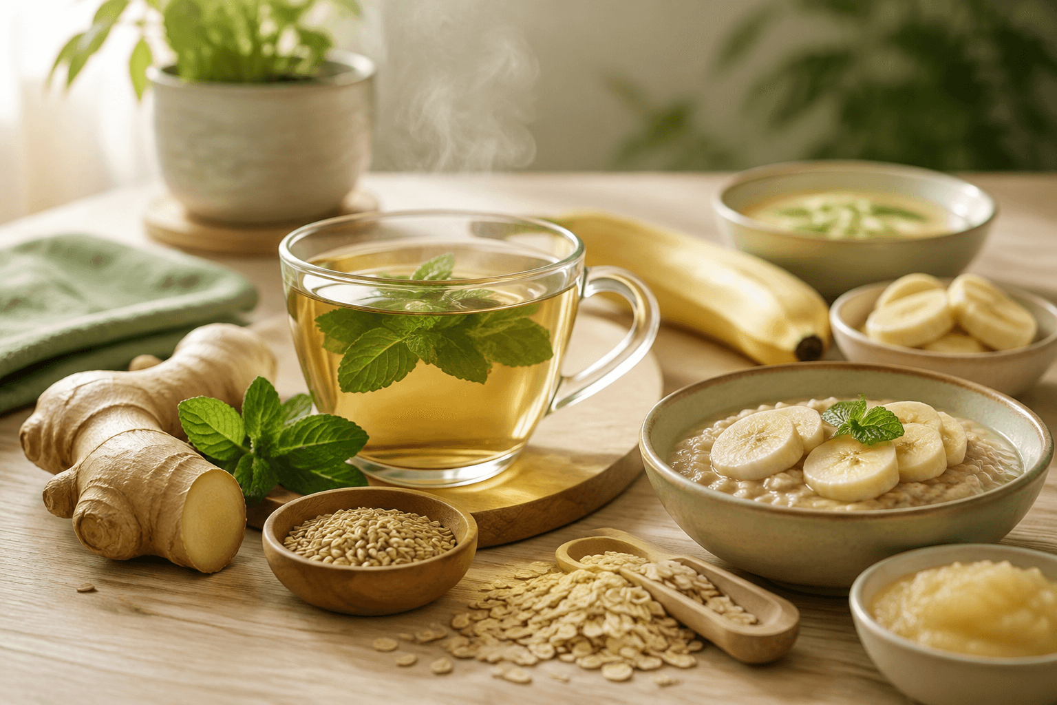 Tasse de tisane apaisante, gingembre et aliments doux sur une table en bois clair, évoquant le confort digestif et l'apaisement du syndrome de l'intestin irritable