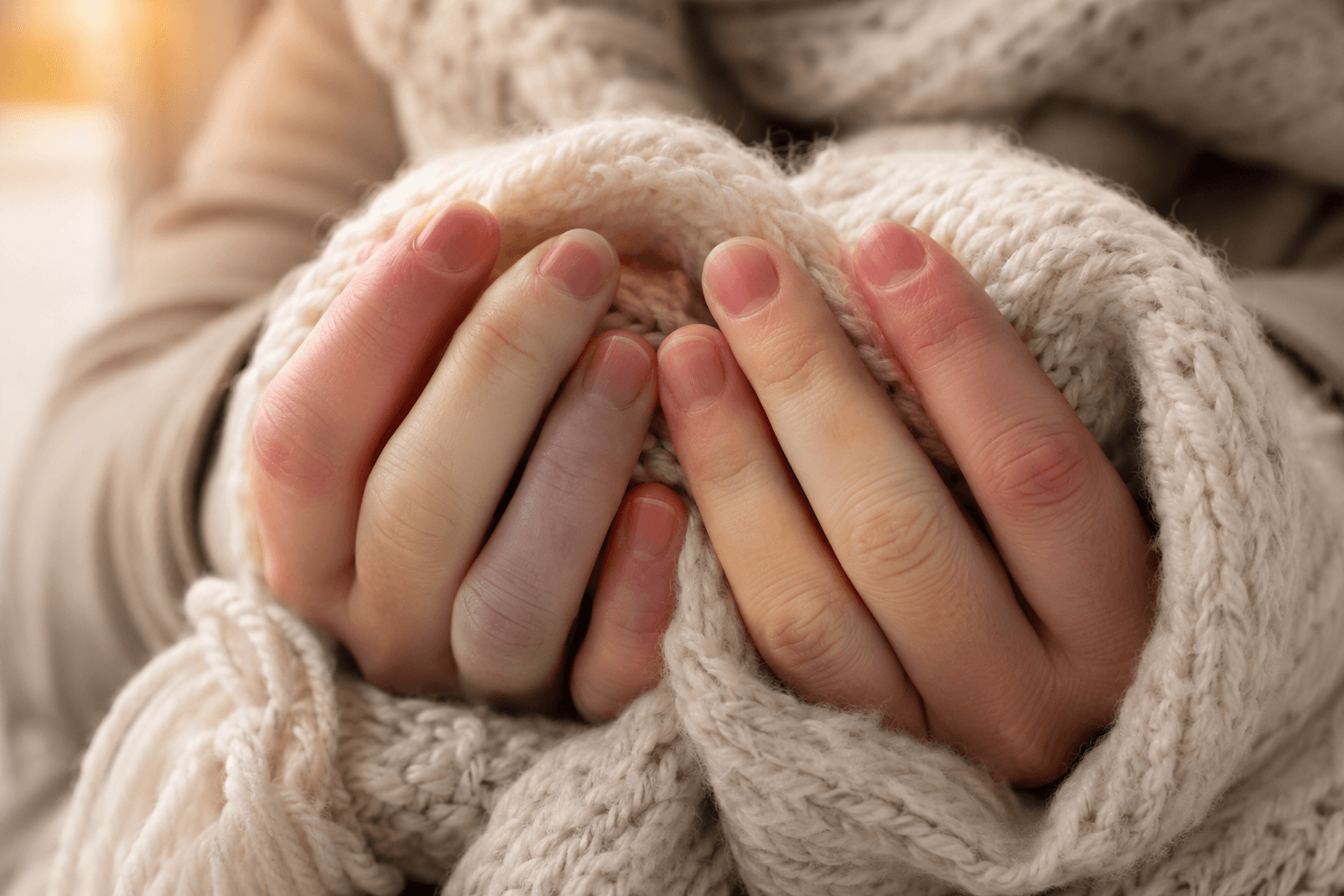 Deux mains aux doigts partiellement blanchis par le froid, réchauffées dans une écharpe de laine, illustrant le syndrome de Raynaud