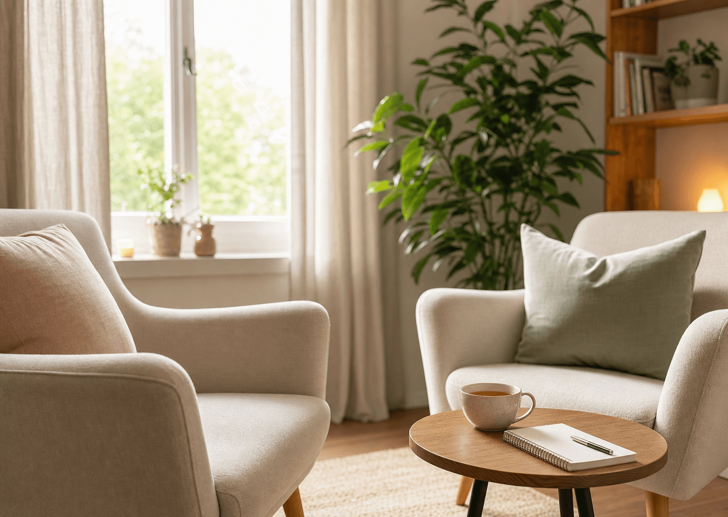 Deux fauteuils face à face dans un espace lumineux et chaleureux avec une plante verte, un carnet et une tasse, ambiance de séance de coaching sereine et professionnelle
