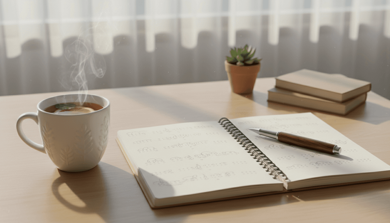 Carnet ouvert avec un stylo sur une table en bois clair près d'une fenêtre au petit matin, tasse de tisane fumante, ambiance méthodique et apaisante évoquant l'agenda du sommeil de la TCC-I