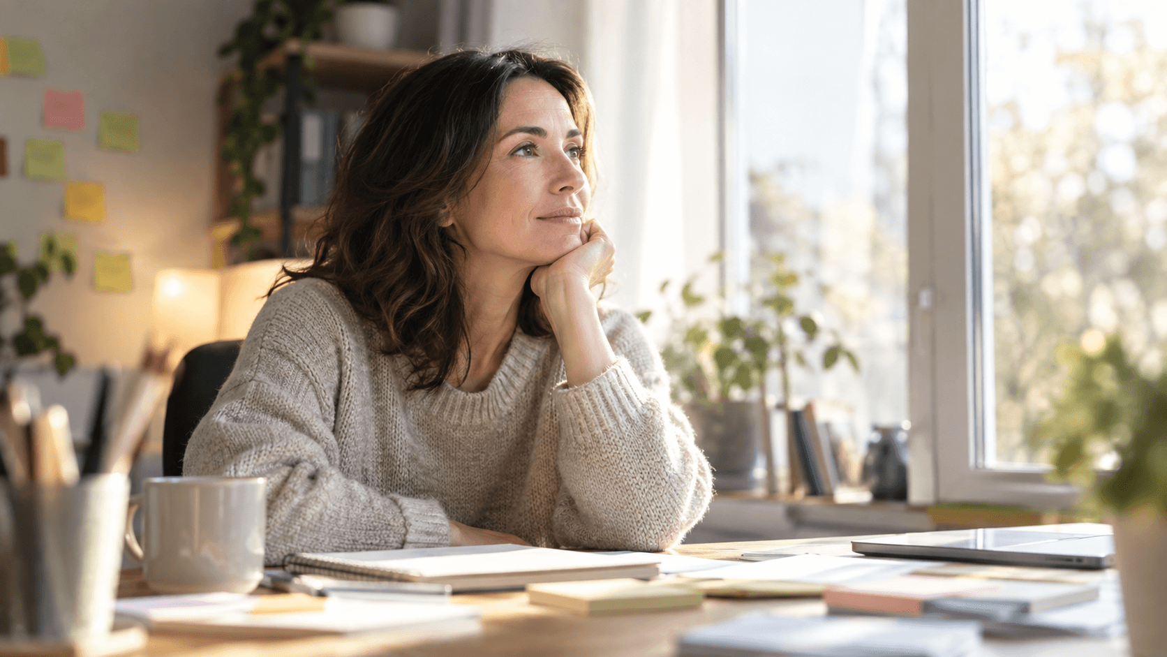 Femme d'une trentaine d'années pensive à son bureau près d'une fenêtre, entourée de notes et de papiers éparpillés