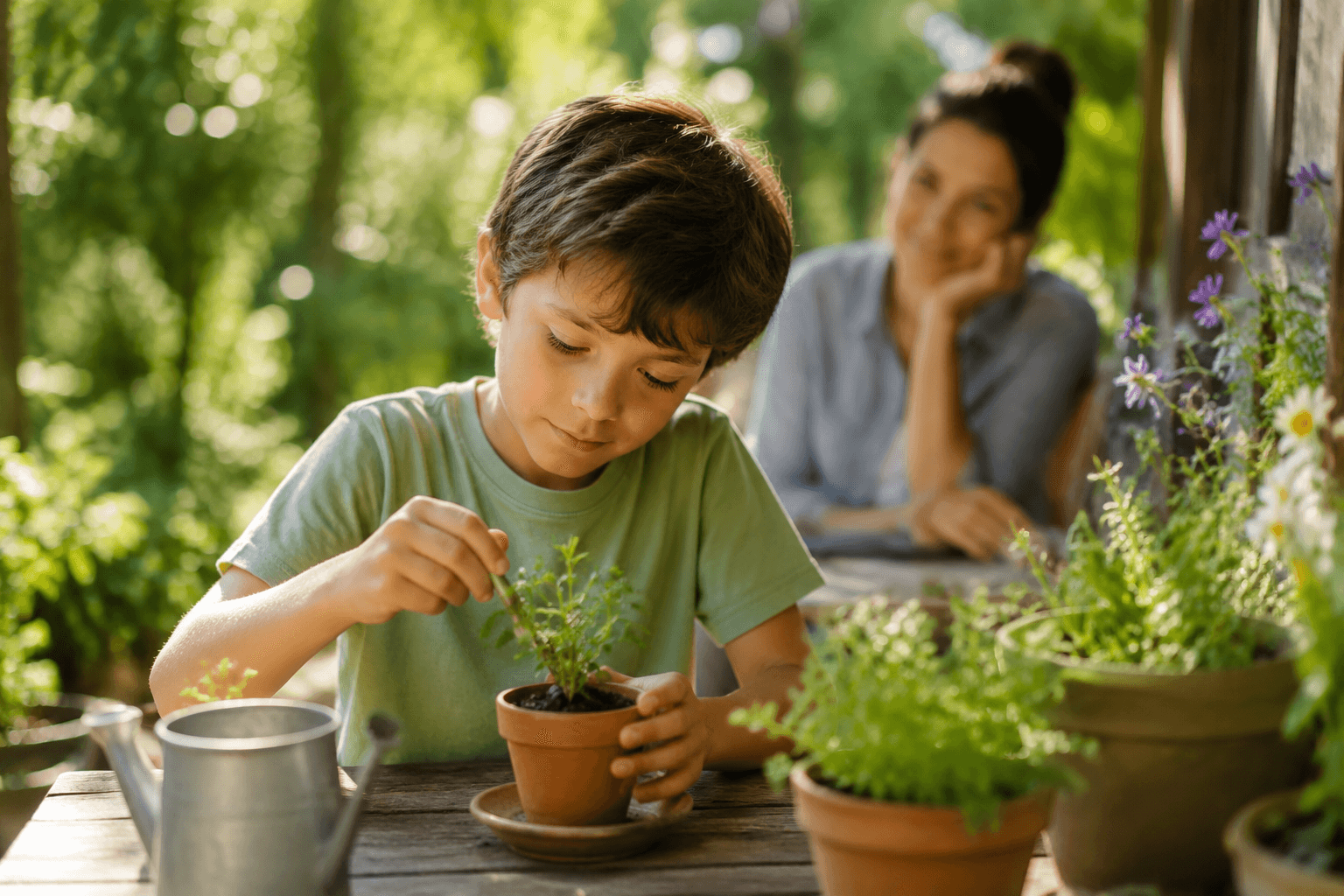 Enfant concentré et apaisé réalisant une activité calme en extérieur, dans une ambiance bienveillante