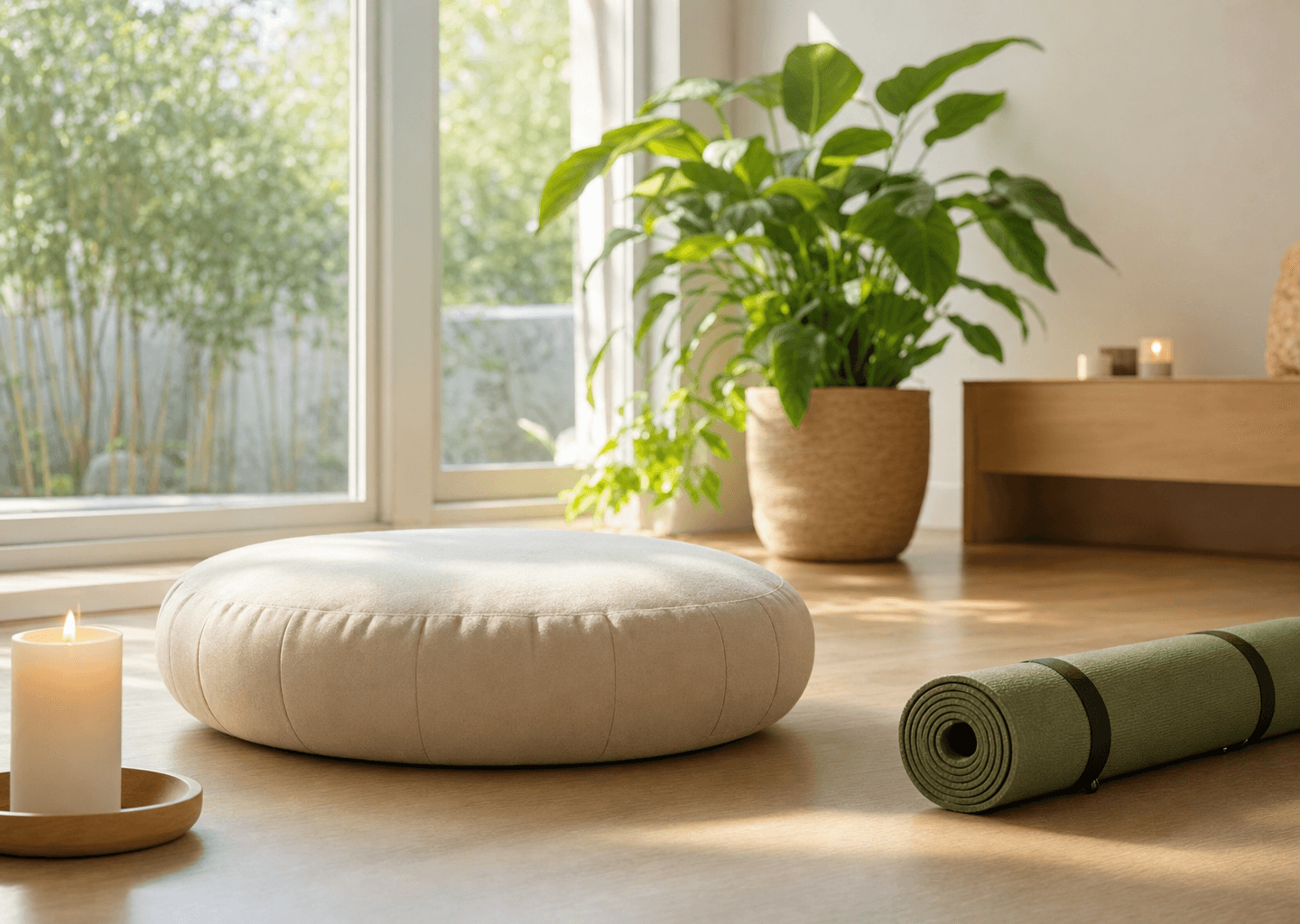Coin détente épuré avec coussin de méditation, tapis de yoga, bougie et plante verte près d'une fenêtre lumineuse, ambiance calme propice à la respiration