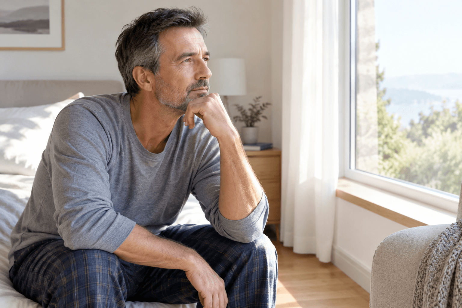 Homme d'une cinquantaine d'années fatigué et pensif près d'une fenêtre le matin, ambiance calme évoquant le repos et l'hygiène de vie