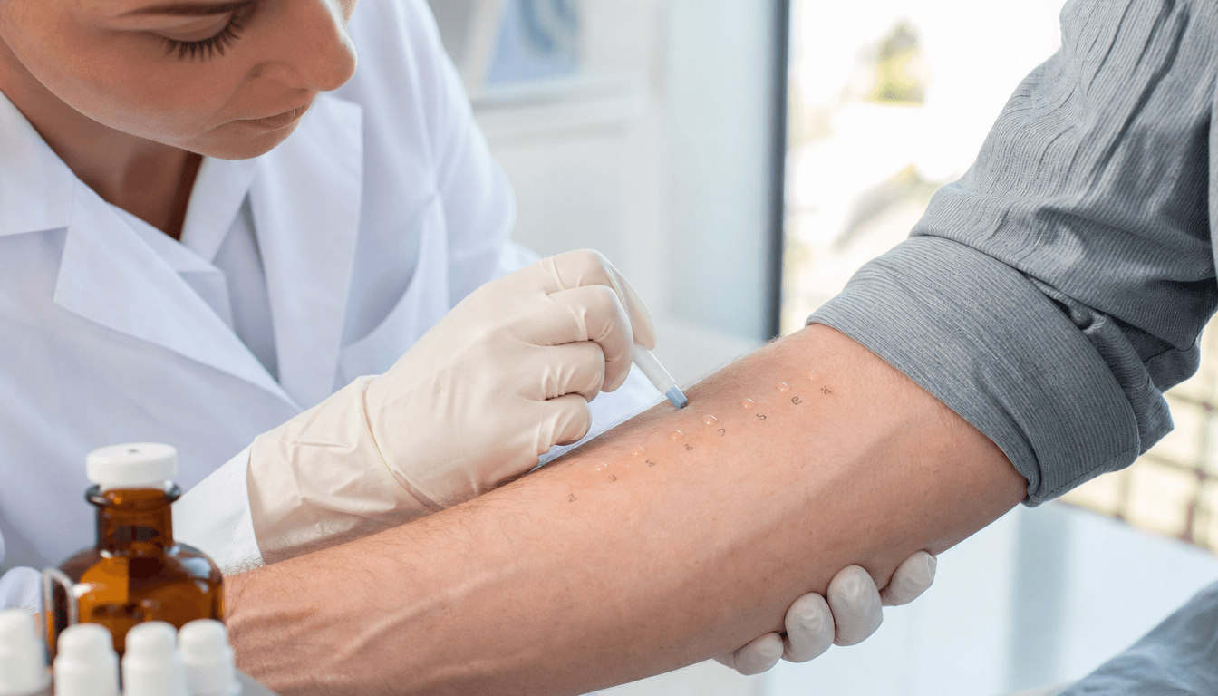 Allergologue réalisant un prick test sur l'avant-bras d'un patient pour établir un bilan allergologique en clinique