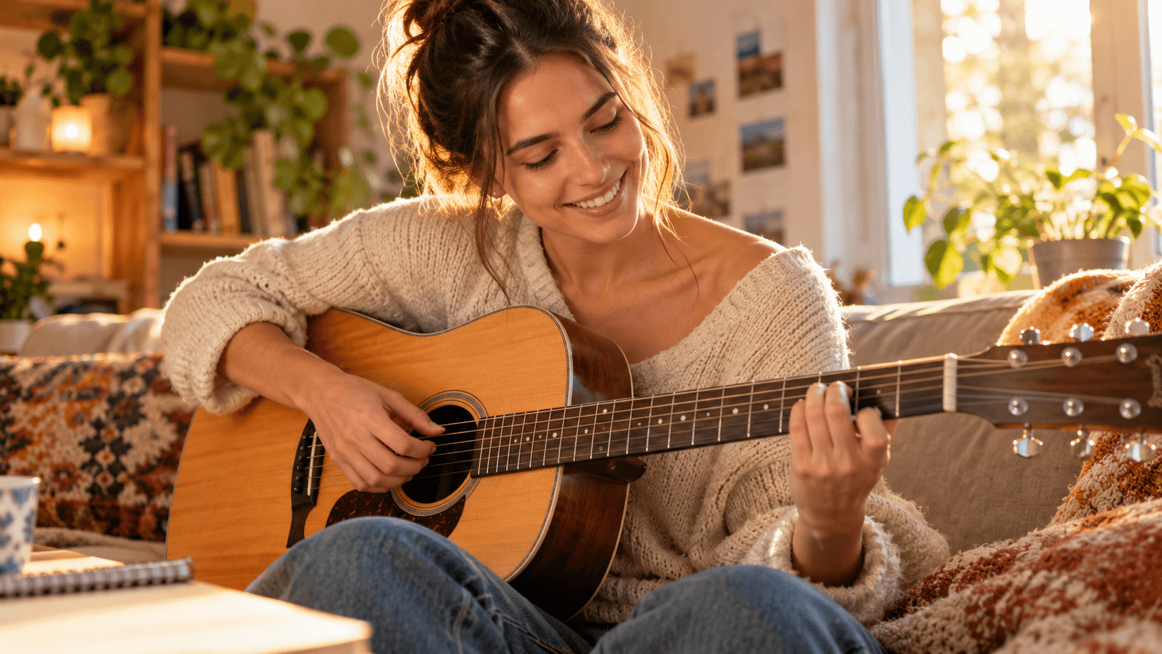 Jeune femme souriante apprenant la guitare chez elle, illustrant la motivation intrinsèque et l'autodétermination