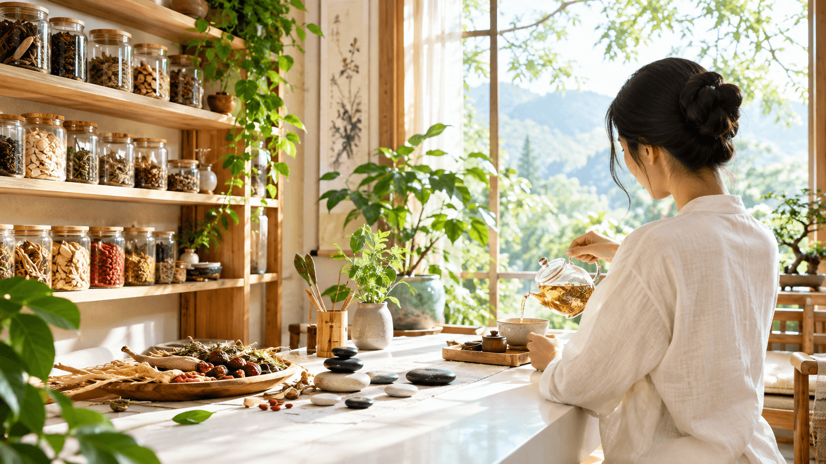 Bocaux de plantes chinoises séchées et galets noirs et blancs en équilibre sur une table en bois clair près d'une fenêtre