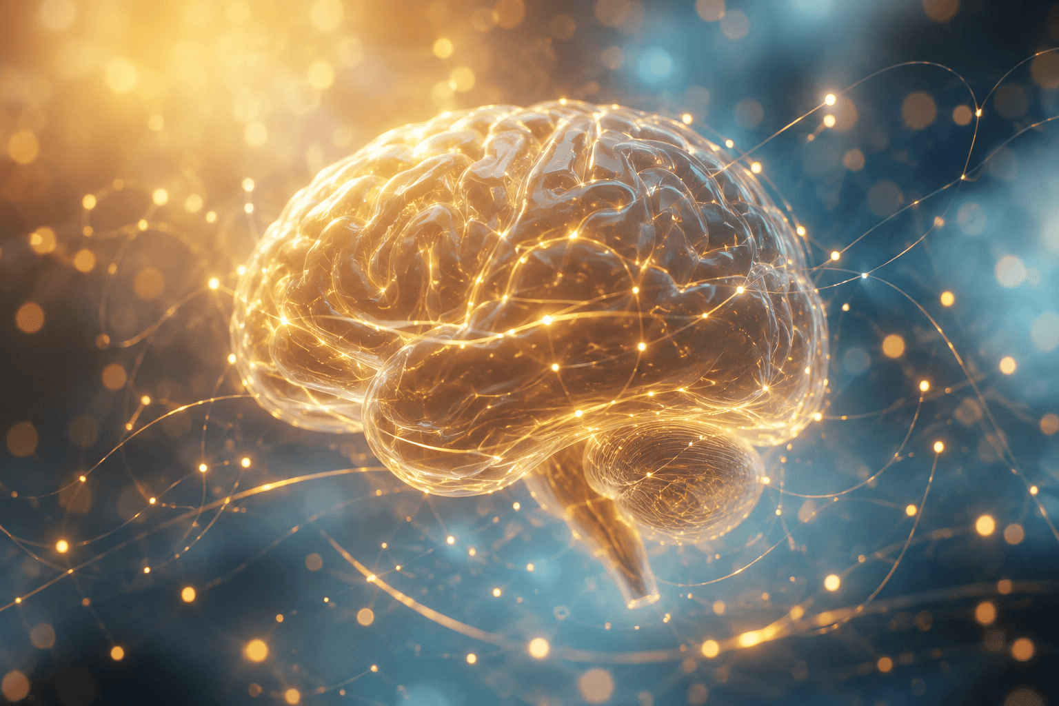 Représentation lumineuse et abstraite d un cerveau relié à des fils de lumière symbolisant les pensées et la neuroplasticité en thérapie cognitivo-comportementale