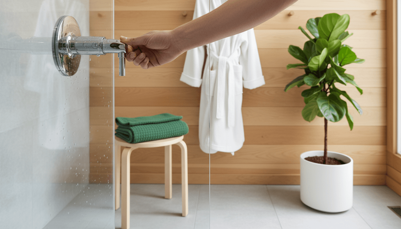 Main tournant le robinet d'eau froide d'une douche, serviette pliée sur un tabouret en bois
