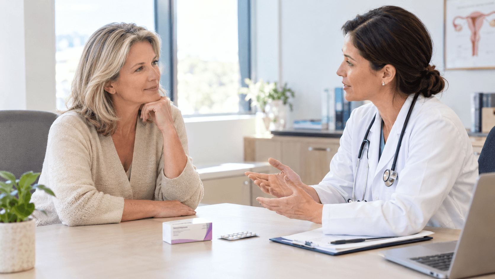 Femme ménopausée en consultation de décision partagée avec sa gynécologue au sujet d'un traitement hormonal de la ménopause