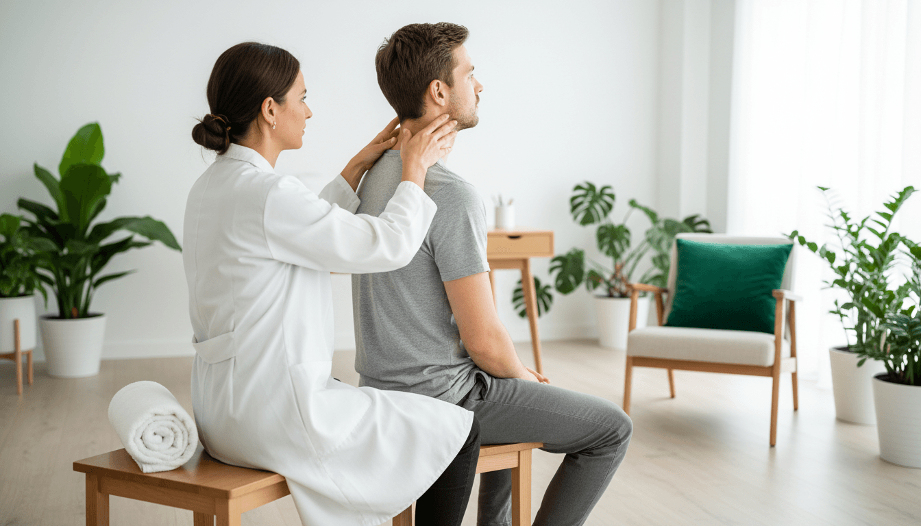 Mains d'un médecin palpant le cou d'une patiente assise, vue de côté en salle de consultation