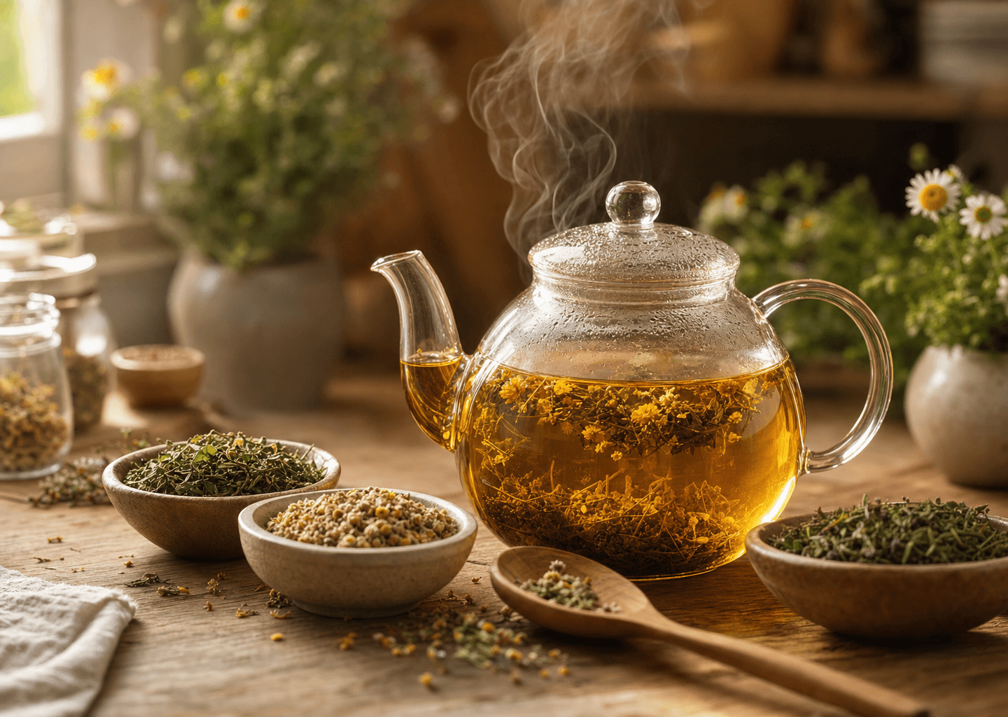 Théière en verre remplie d'une infusion dorée fumante, entourée de bols de plantes séchées (verveine, camomille, menthe) et d'une cuillère en bois sur une table en bois.
