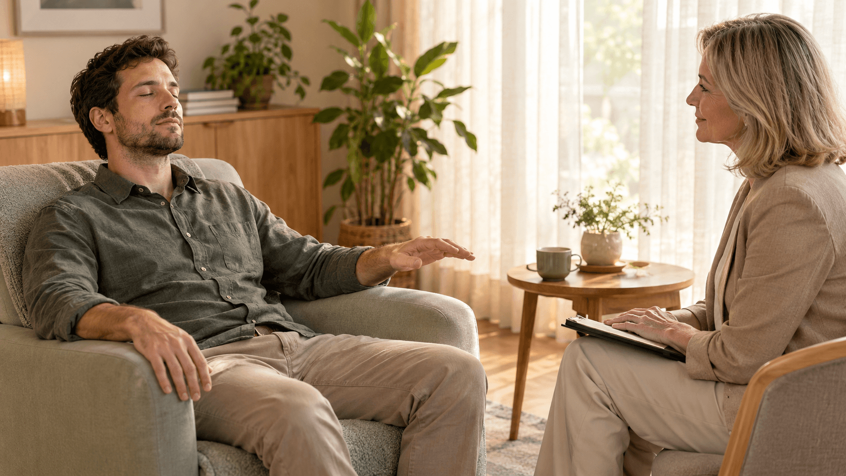 Homme détendu les yeux fermés dans un fauteuil, bras soulevé, observé par une hypnothérapeute dans un cabinet lumineux