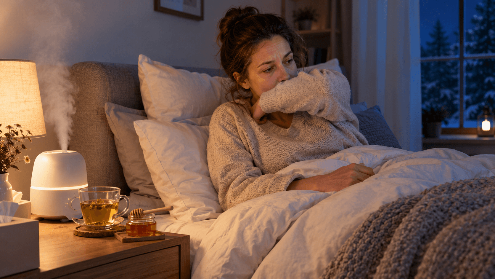 Femme assise dans son lit, le dos calé sur des oreillers, qui tousse dans son coude la nuit près d’un humidificateur