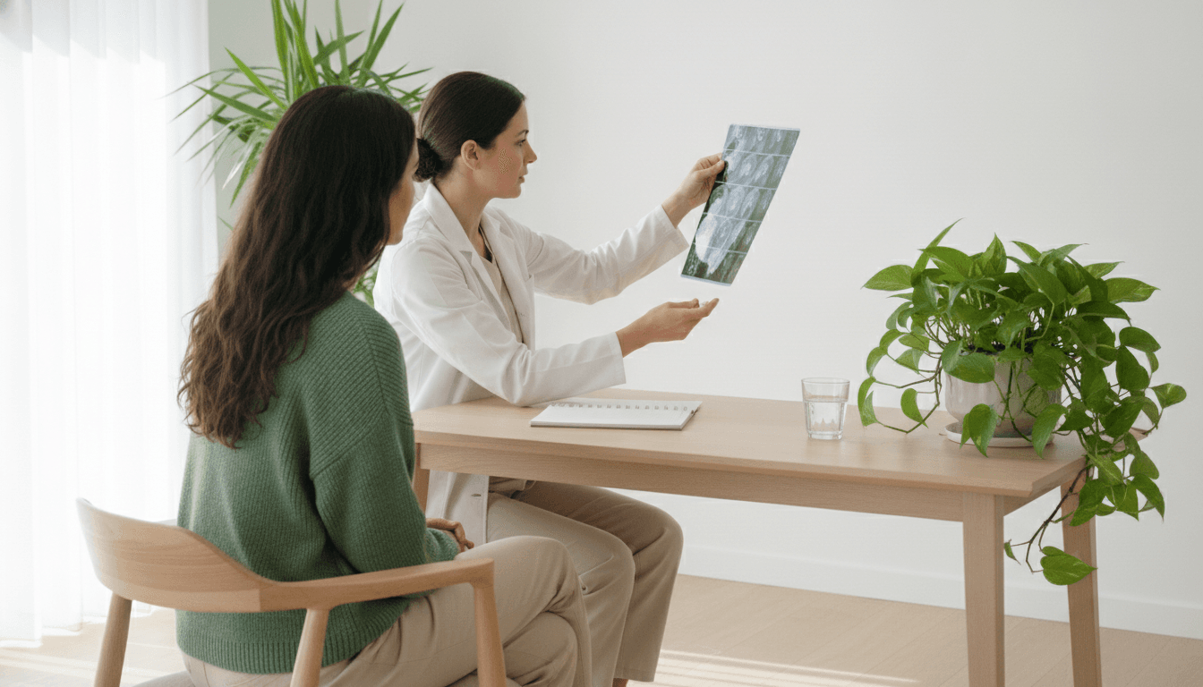 Gynécologue de profil montrant un cliché d'imagerie à une patiente assise en consultation