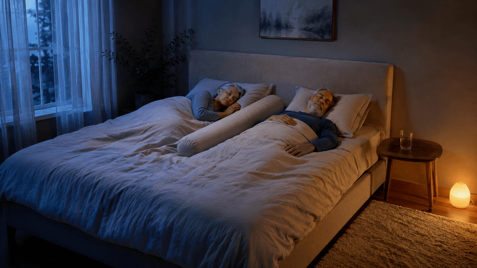 Chambre calme la nuit avec veilleuse et tapis épais, un couple âgé endormi séparé par un long traversin dans un grand lit