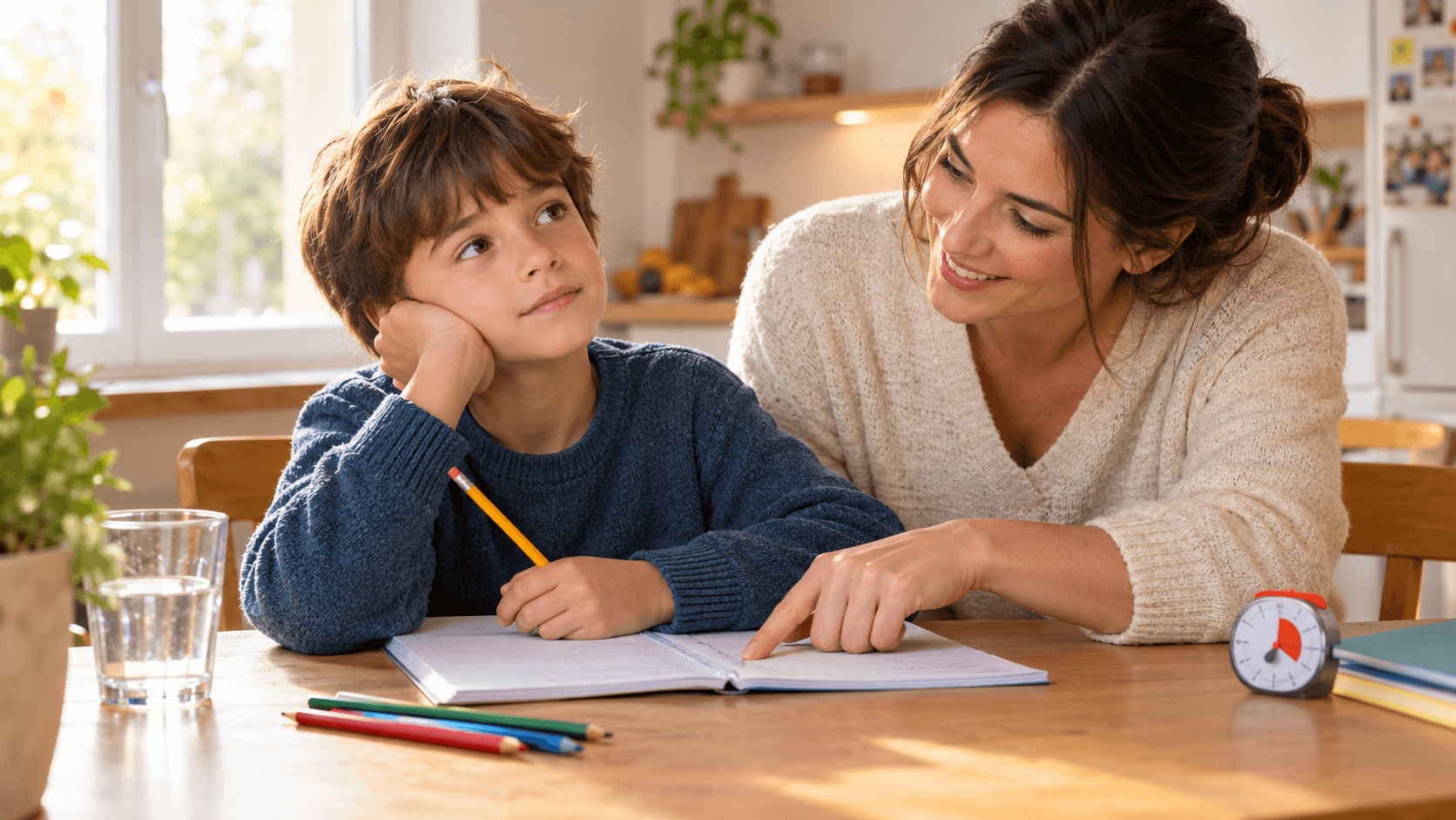 Enfant faisant ses devoirs à la table de la cuisine, aidé par un parent bienveillant qui l’encourage avec patience