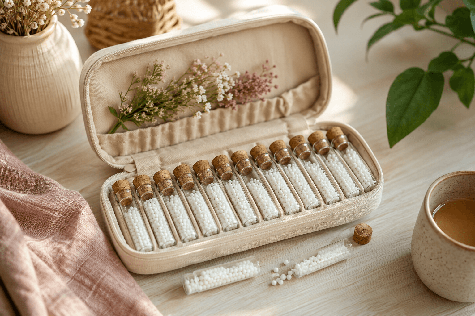 Trousse homéopathique familiale : tubes et granules soigneusement rangés dans un étui souple sur une table en bois clair.