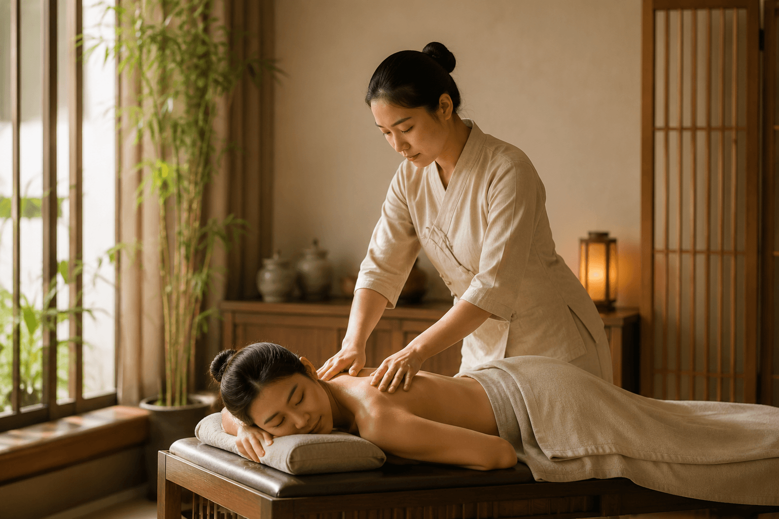 Praticien réalisant un massage Tuina apaisant sur le dos, dans un cabinet de médecine traditionnelle chinoise à l'ambiance sereine
