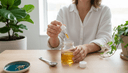 Vue plongeante de mains diluant une goutte dans un pot d'huile végétale, cuillère doseuse