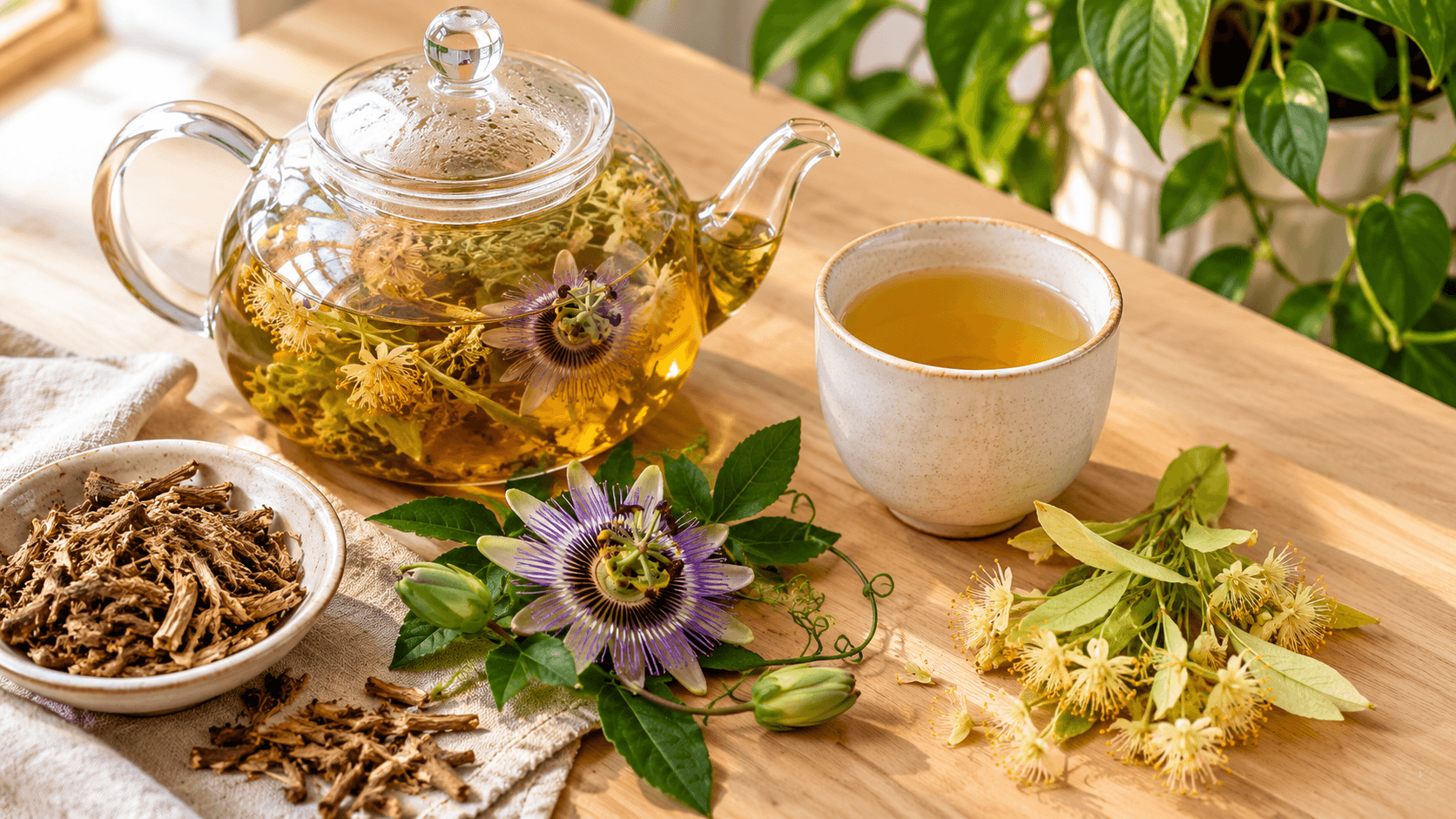 Théière en verre, racines de valériane, fleurs de passiflore et de tilleul sur un plan de travail en bois clair