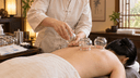 Praticien de médecine chinoise posant des ventouses en verre sur le haut du dos d'un client, cabinet calme et hygiénique