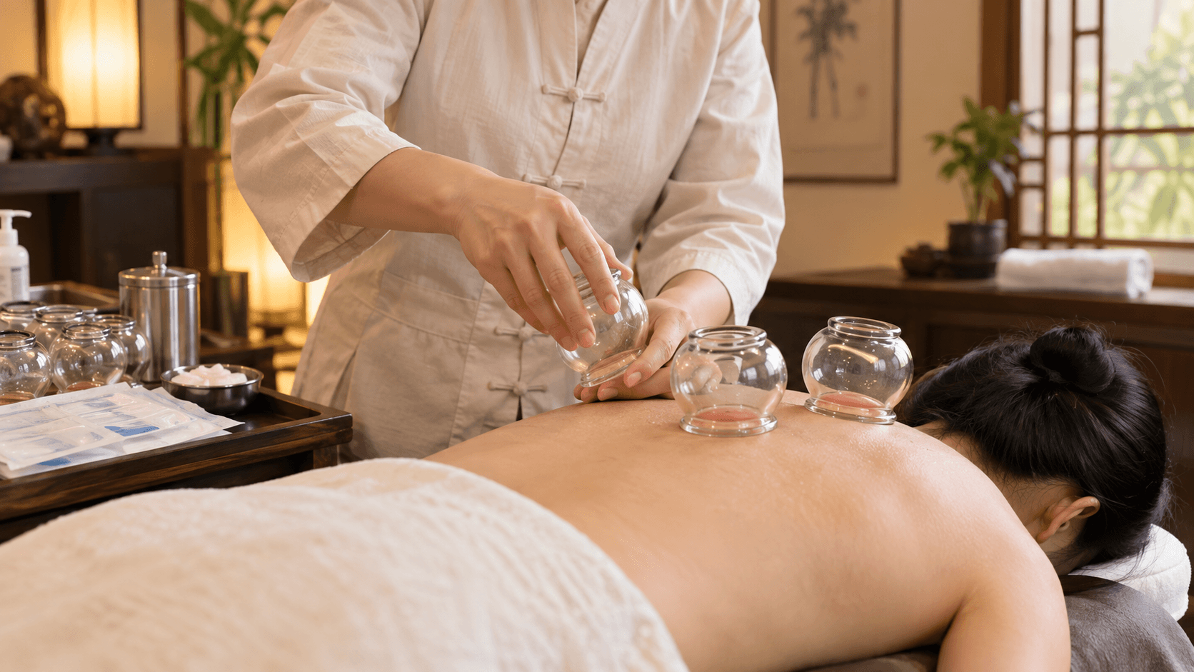 Praticien de médecine chinoise posant des ventouses en verre sur le haut du dos d'un client, cabinet calme et hygiénique