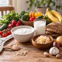 Table en bois avec yaourt, kéfir, choucroute et légumes frais pour aider la flore intestinale après des antibiotiques